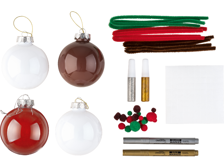 DIY-Weihnachtsdekorationsset mit Kugeln, Pfeifenreinigern, Glitzer, Pompons und Markern.