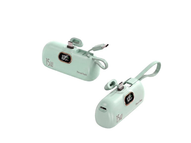 Zwei mintgrüne Powerbanks mit 15W Ausgang und 100% Ladeanzeige.