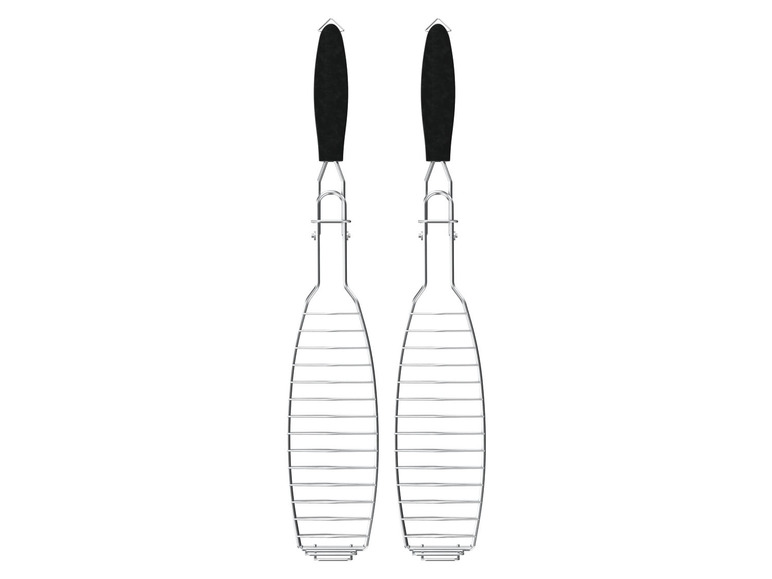 Zwei Grillroste mit schwarzen Griffen.