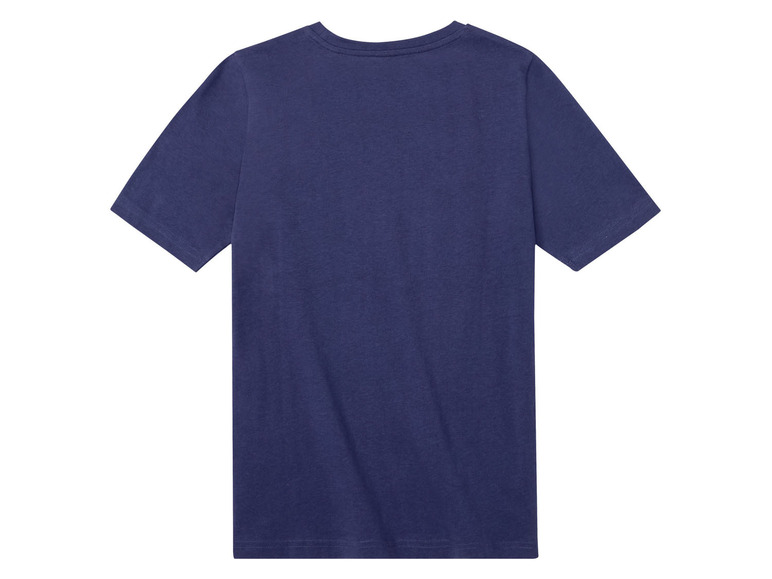 Ein dunkelblaues T-Shirt mit kurzen Ärmeln.