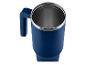 Blaue Thermotasse mit Griff und Edelstahl-Innenleben, Draufsicht.