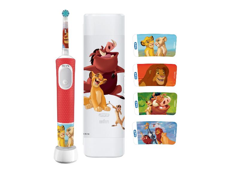 Elektrische Kinderzahnbürste mit König der Löwen-Motiven und austauschbaren Aufklebern.