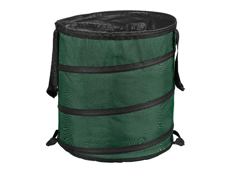 Dunkelgrüner zusammenklappbarer Gartenabfallsack mit schwarzen Griffen.