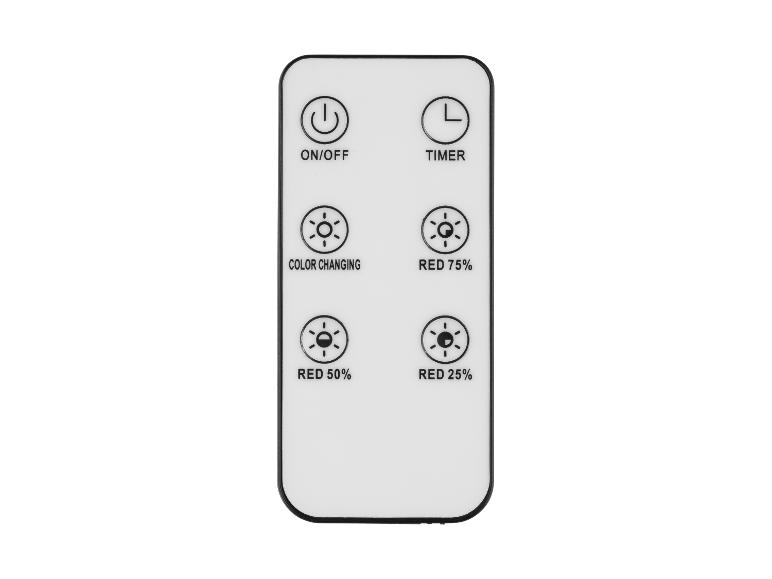 Fernbedienung mit Tasten für Ein/Aus, Timer, Farbwechsel und Rotlichtintensität.