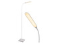 Eine weiße Stehlampe mit gebogenem Arm und LED-Beleuchtung.