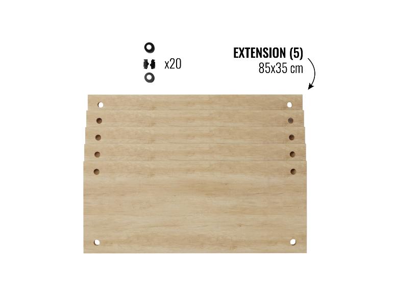 Fünf Holzregalböden, 85x35 cm, mit 20 Befestigungselementen.