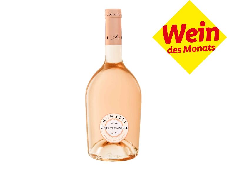 Flasche Roséwein mit „Cotes de Provence“-Etikett, mit gelbem „Wein des Monats“-Diamanten.