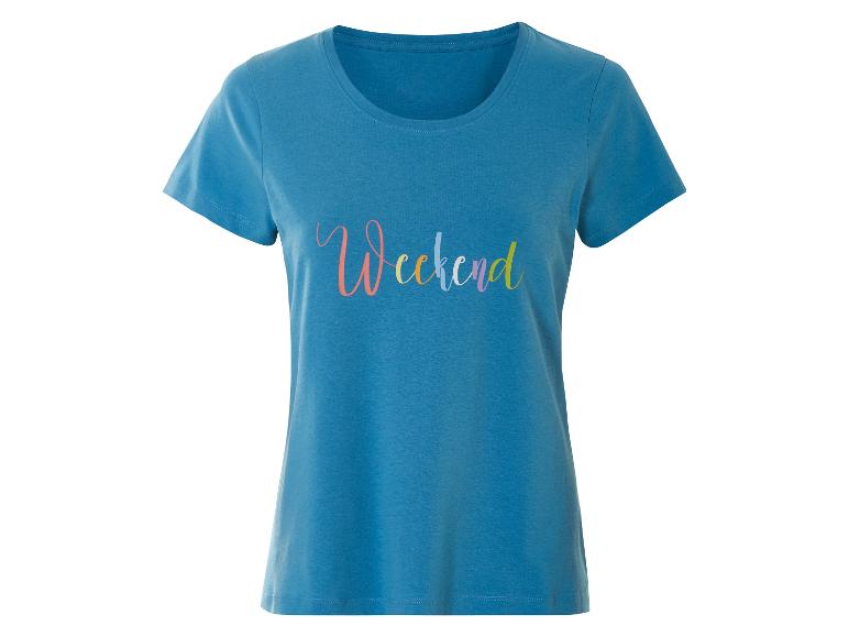 Blaues Damen-T-Shirt mit dem Aufdruck "Weekend" in Pastelltönen.
