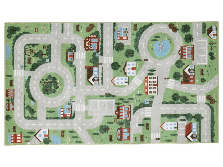 Kinder-Spielteppich mit Stadtplan, Straßen, Häusern und Schule.
