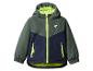 Dunkelgrüne und marineblaue Kinderjacke mit neongelben Reißverschlüssen und Futter.