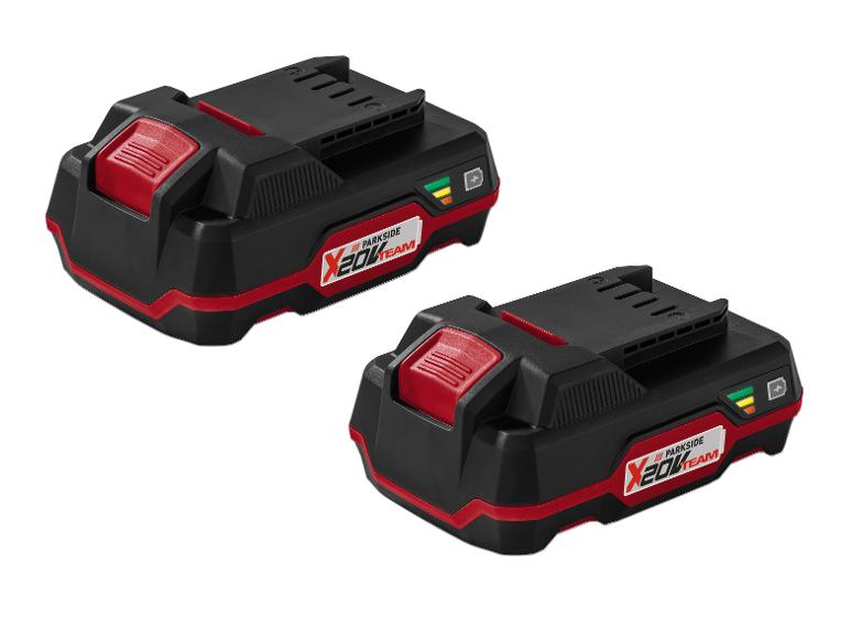 Zwei schwarze und rote Parkside X 20V Team Akkus mit Ladeanzeige.