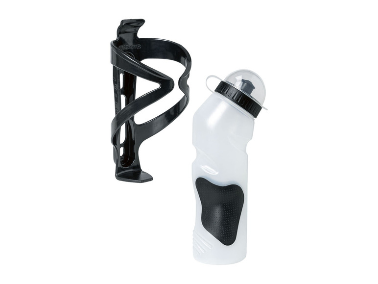 Ein schwarzer Flaschenhalter und eine transparente Wasserflasche.