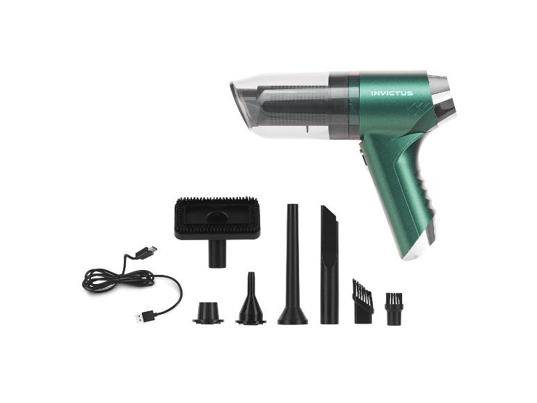 Grüner Invictus Handstaubsauger mit Zubehör und Ladekabel.