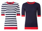 Zwei Damen-T-Shirts mit kurzen Ärmeln: eines gestreift und eines unifarben, beide mit roten Akzenten.