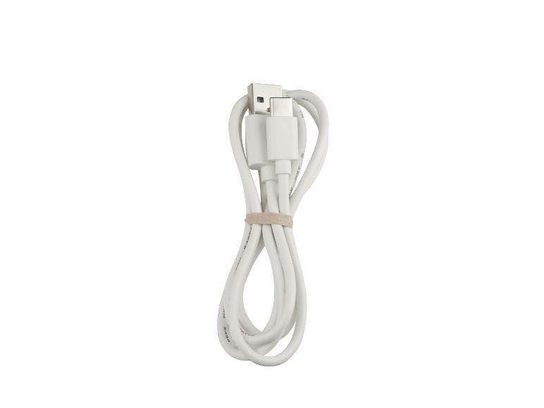Weißes USB-A zu USB-C Ladekabel, mit Gummiband zusammengebunden.