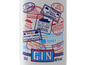 Eine Flasche Gin mit Stempeln aus verschiedenen Städten und Ländern.