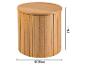 Runder Beistelltisch aus hellem Holz mit vertikalen Lamellen, 37 cm hoch und 39 cm Durchmesser.