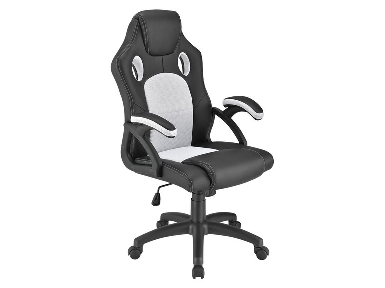 Ein schwarzer und weißer Bürostuhl mit sportlichem Design.