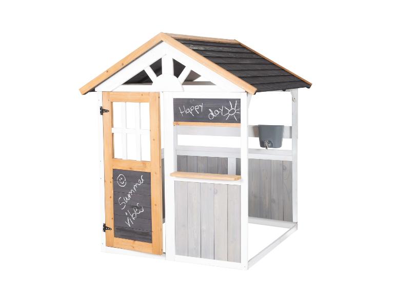 Hölzernes Spielhaus für Kinder mit schwarzem Dach, Holztür und Kreidetafel