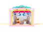 Rosa Holz-Puppentheater mit der Aufschrift „Story Time“ und Prinzen- und Prinzessinnenfiguren.