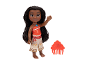 Moana-Puppe mit langen dunklen Haaren, orangefarbenem Oberteil und gemusterter Hose, mit rotem Kamm.