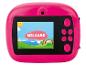 Pinke Kinder-Digitalkamera mit Bildschirm, der „WELCOME“ und eine Cartoon-Landschaft anzeigt.
