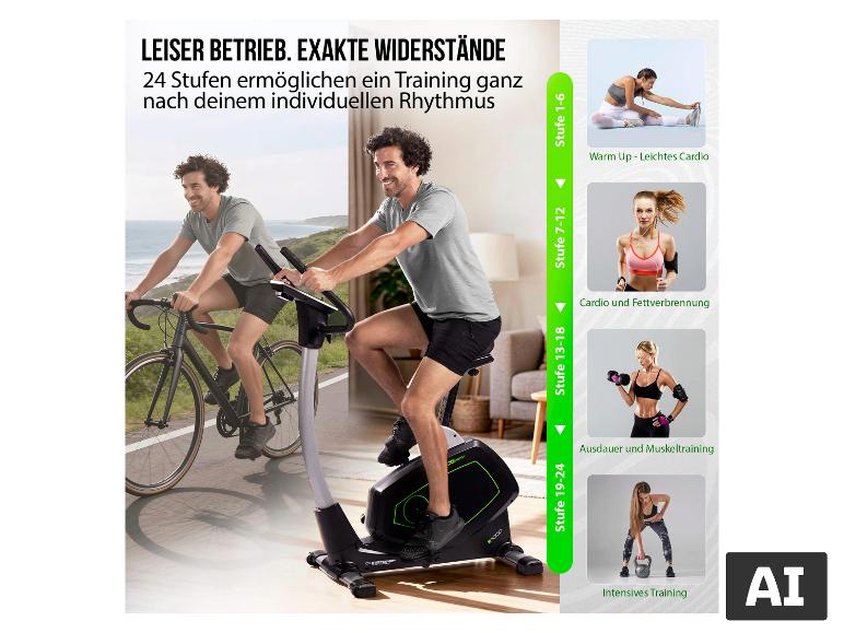 Christopeit Sport Heimtrainer Ergometer Eco 1000 mit einem Mann beim Training drinnen und draußen. [KI-generiertes Bild]