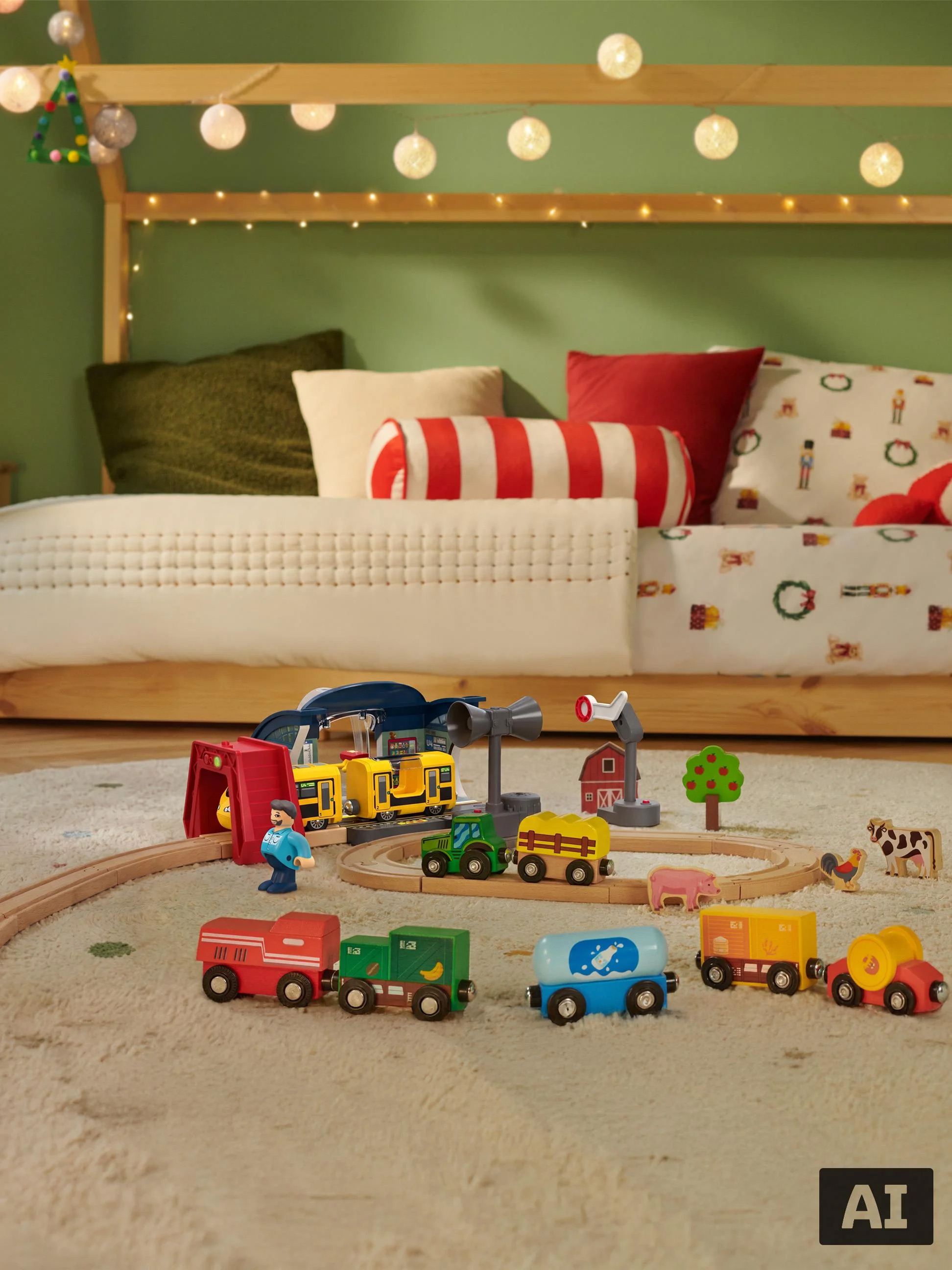 Holzspielzeug-Eisenbahn mit Schienen und Zubehör im Kinderzimmer.
