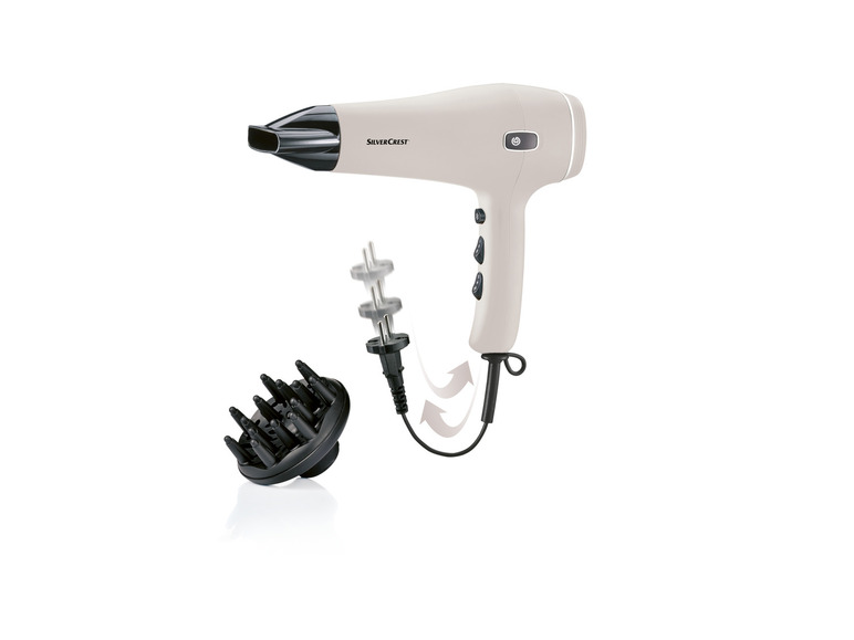 Ein weißer Silvercrest Föhn mit Diffusoraufsatz.