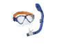 Blaue Tauchmaske mit orangefarbenem Band und Schnorchel.