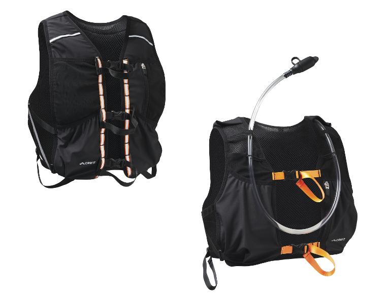 Zwei schwarze Laufwesten mit Trinksystem, Vorder- und Rückansicht.