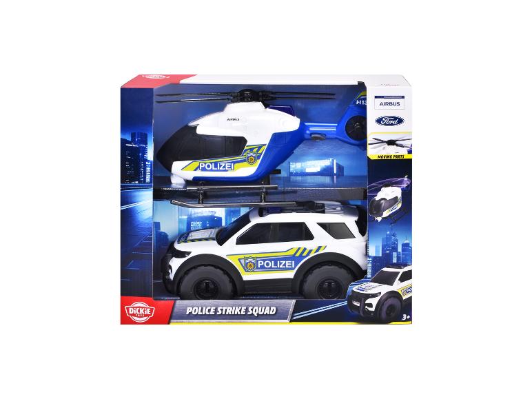 Spielzeug-Polizeihubschrauber- und Auto-Set in einer Box, mit Stadthintergrund.