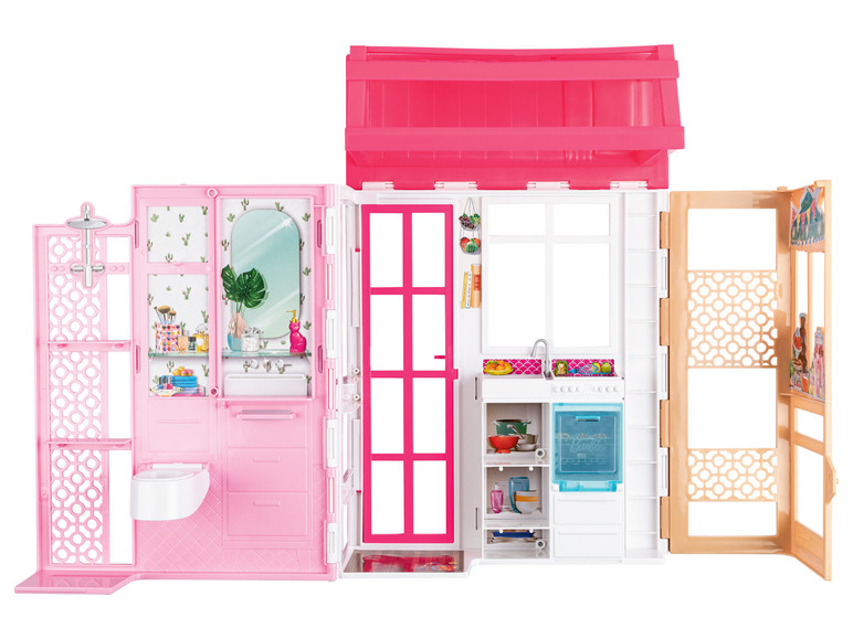 Gehe zu Vollbildansicht: Barbie Ferienhaus, mit Möbeln und Puppe, tragbar - Bild 3