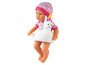 Eine Baby-Puppe mit einem Einhorn-Schwimmring.