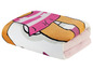 Eine rosa und orangefarbene Fleece-Decke mit einem Cartoon-Muster.