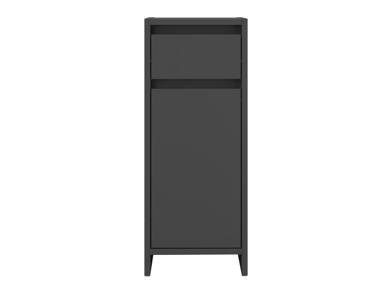 Dunkelgrauer hoher Badezimmerschrank mit zwei Türen und kurzen Beinen.