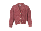 Rosa Strickjacke mit V-Ausschnitt und drei hellen Knöpfen.