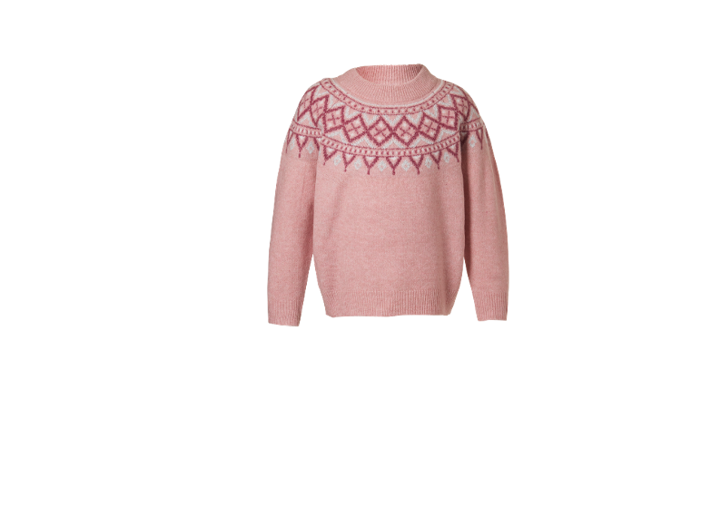 Rosa Kinder-Strickpullover mit Norwegermuster am Kragen