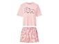 Rosa Pyjama mit Hunde-T-Shirt und gestreiften Shorts.