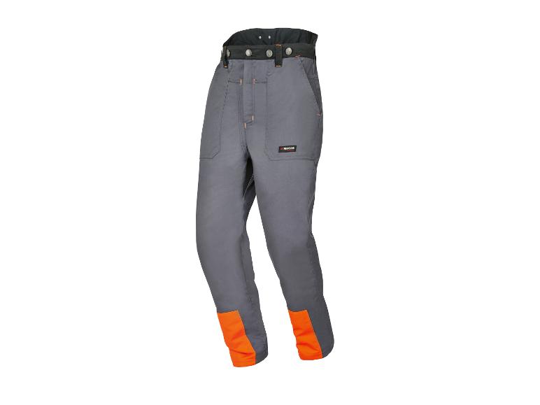 Graue Arbeitshose mit orangefarbenen Details und schwarzem Bund.