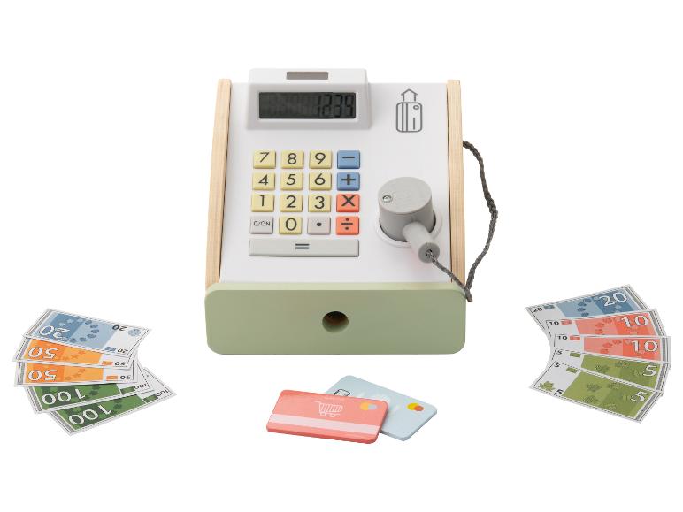 Spielzeugkasse mit Geld, Kreditkarten und Quittung.