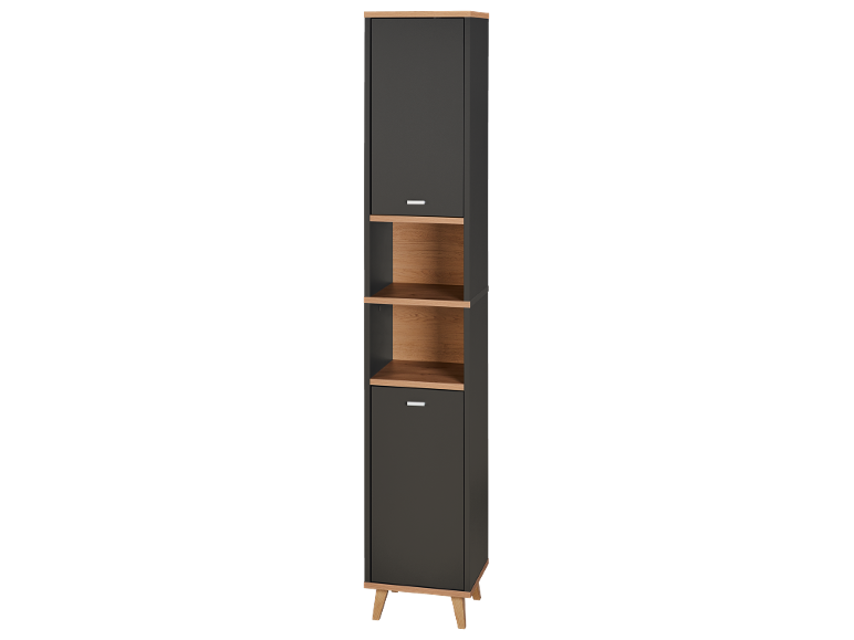 Hoher grauer Schrank mit zwei geschlossenen Fächern und zwei offenen Holzregalen, auf Holzbeinen.