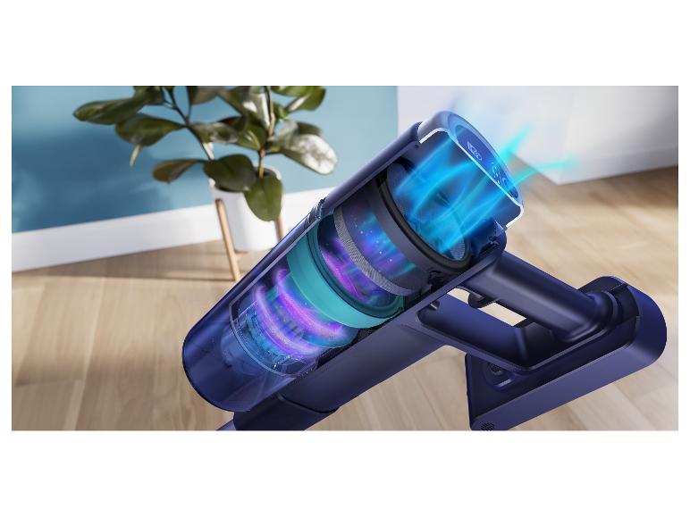 Kabelloser Staubsauger mit transparentem Gehäuse, das die interne Funktion und den Luftstrom zeigt