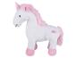 Weißes Einhorn-Plüschtier mit rosa Mähne, Schweif, Horn und Hufen, mit zwei gestickten Herzen.