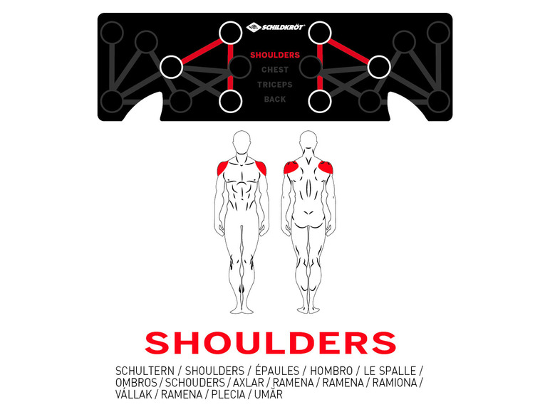 Schulterübungen mit Schema für Brust, Trizeps und Rücken.