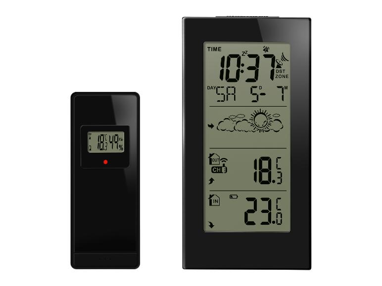 Digitales Wetterstation mit Hauptdisplay und externem Sensor, Temperatur, Luftfeuchtigkeit und Uhrzeit anzeigend.