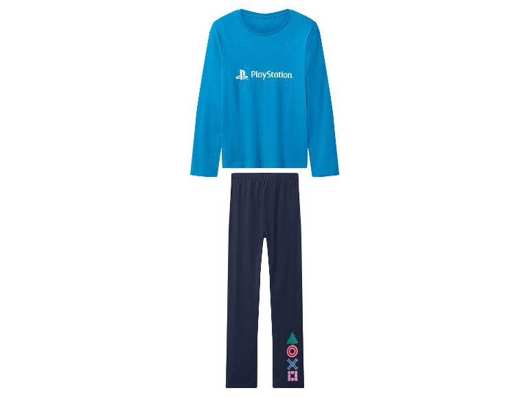 Blauer PlayStation-Pyjama mit Langarmshirt und dunkelblauer Hose mit Controller-Symbolen.