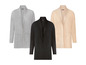 Drei lange, offene Pullover in Grau, Schwarz und Beige.