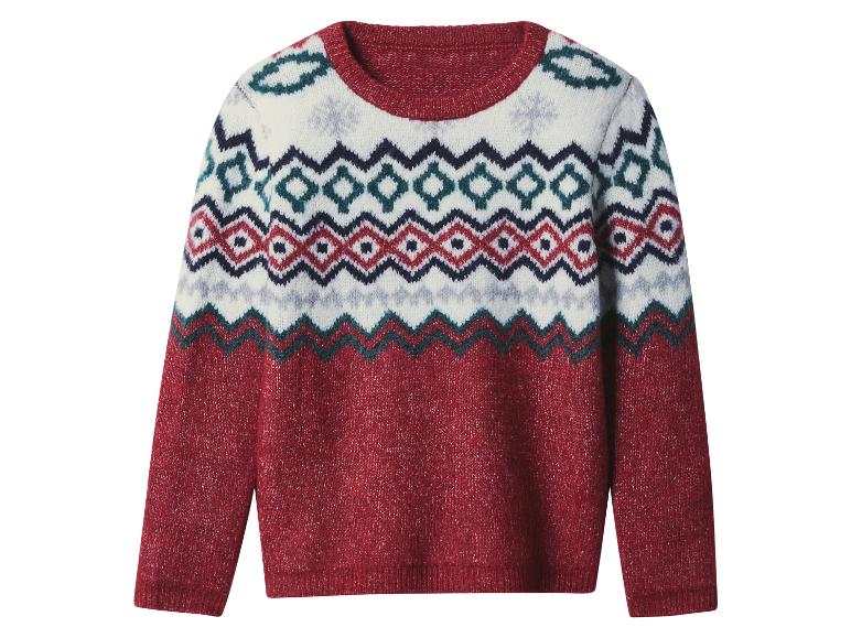 Roter Fair Isle Pullover mit weißen, blauen und roten geometrischen Mustern.
