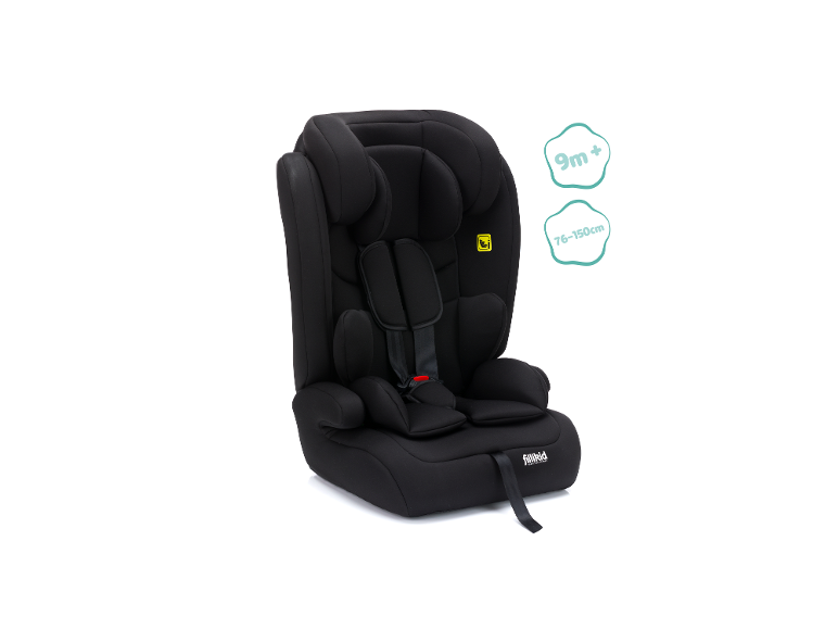 Schwarzer Kindersitz mit Gurt, geeignet ab 9 Monaten und 76-150 cm.